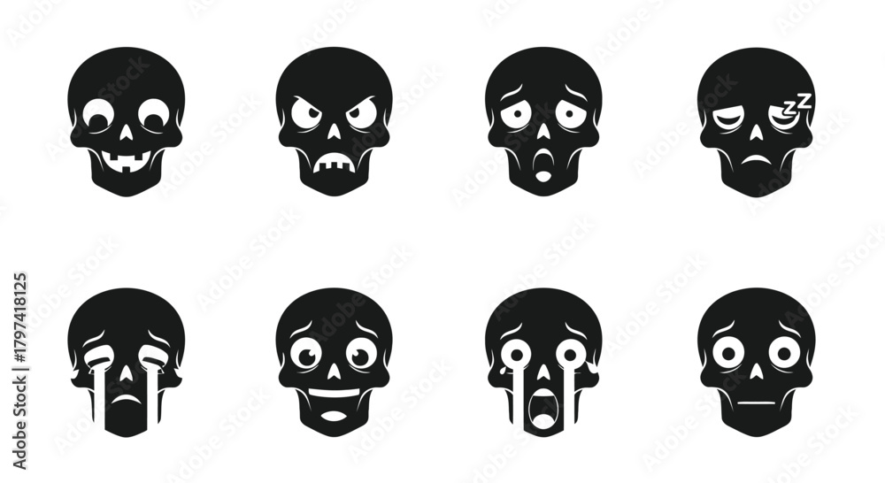 Fototapeta premium Cartoon Skull Emoji Set Halloween Icon Collection Expressive Character Avatars