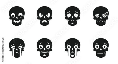 Cartoon Skull Emoji Set Halloween Icon Collection Expressive Character Avatars