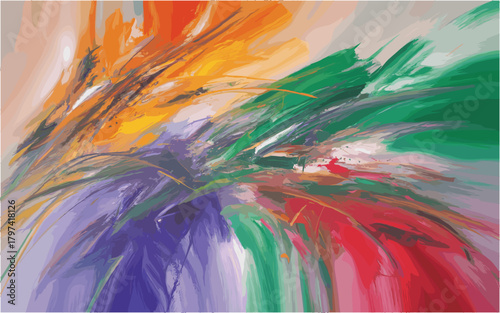 Dynamic abstract paint splatter background with swirling brushstrokes and a vibrant spectrum of colors creating an energetic composition