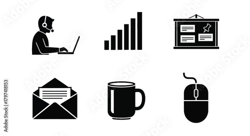 Business communication technology icons set customer support presentation mail symbols