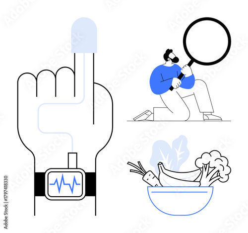 Finger wearing a health monitor, man examining data with a magnifying glass, and a bowl of vegetables and fruits. Ideal for health tracking, wellness, nutrition, fitness, diet planning, self-care