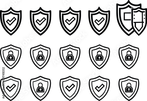 Set of shield icons with checkmarks and locks on white background