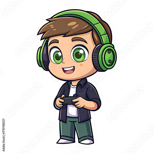 Cute cartoon boy with headphones and game controller isolated on transparent background
