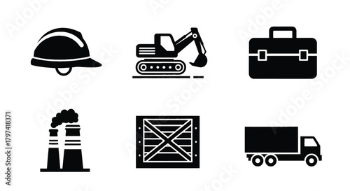 Construction Industry Logistics Supply Chain Icons Set Black Symbols