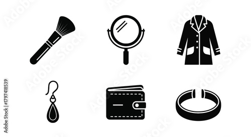 Black vector glyph icons set for beauty shopping and personal fashion accessories