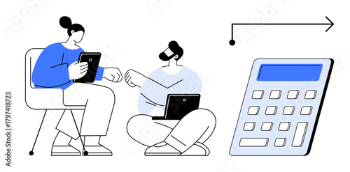 Two coworkers interact with tablets and laptops, discussing financial data, with a calculator symbolizing budgeting. Ideal for teamwork, finance, planning, technology, education, productivity simple