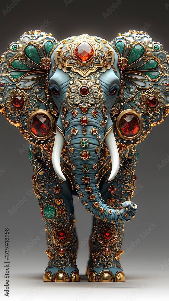 Naklejka premium Golden ornamental elephant richly embellished with gems high resolution picture