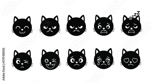 Ten black cat emoji faces collection expressing cute emotions