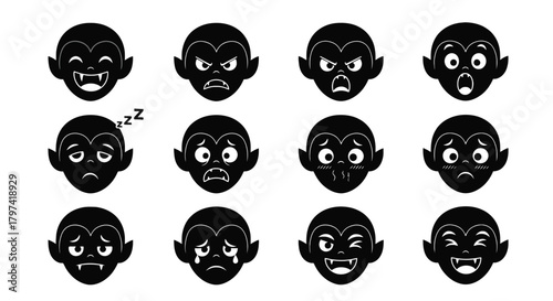 Black Vampire Emoji Faces Set Halloween Cartoon Avatars Emotions Icons