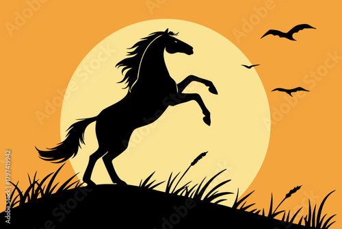 Dynamic silhouette of a majestic wild horse rearing against a radiant sunset backdrop, evoking a powerful sense of freedom and untamed natural spirit