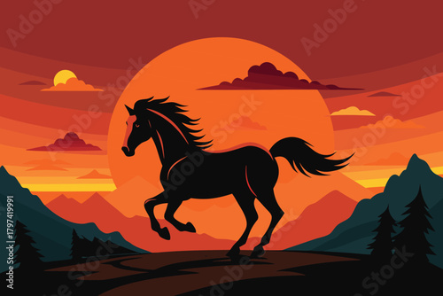 Galloping horse against an orange sunset with mountains and clouds in the background