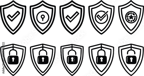 Set of shield icons representing security and protection with various symbols