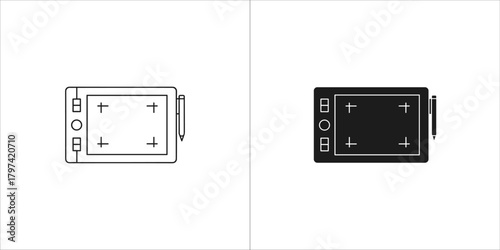 Graphic design tablet and stylus in outline and solid black