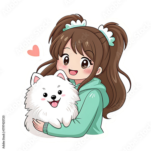 Cute anime girl holding a fluffy white pomeranian dog isolated on transparent background