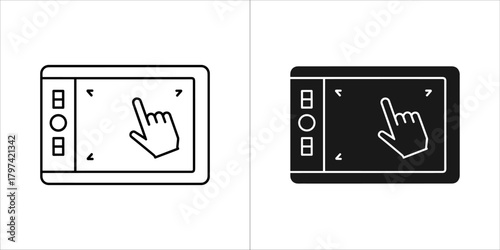 Graphic tablet with buttons and a hand cursor, in outline and solid black