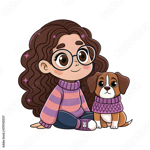 Cute cartoon girl and beagle dog best friends isolated on transparent background