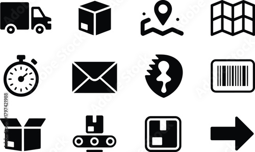E commerce and delivery process vector icons depicting shipping management