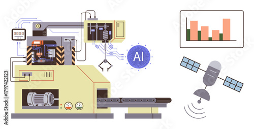 Automated manufacturing machine with AI system, industrial robotic arm, analytics chart, satellite signal. Ideal for technology, AI, automation, innovation, industry connectivity and progress