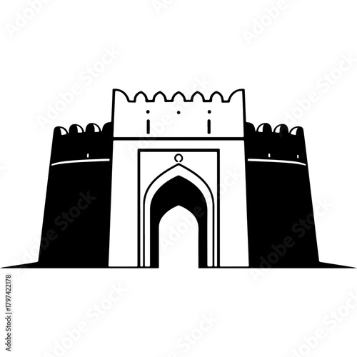 Traditional Arabian Fort Gate Icon in Woodcut Vector Style for UAE National Day, United Arab Emirates Heritage