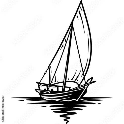 Vintage woodcut style vector illustration of a traditional Dhow sailing boat, an emblem of Arabian Gulf heritage and celebration.