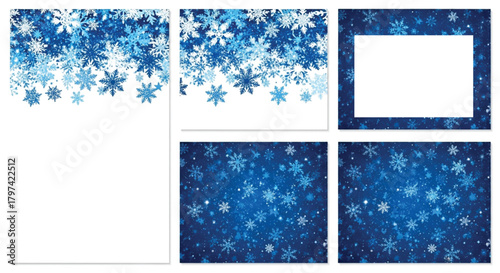 Abstract blue snowflake backgrounds and borders for winter holiday designs