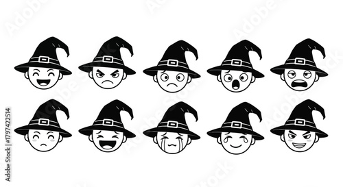 Halloween wizard emoji faces expressing various emotions doodle icon set