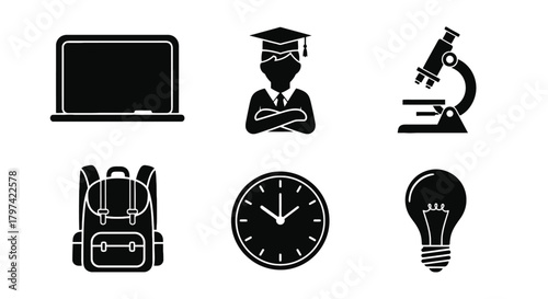Academic education vector icons including graduation lightbulb microscope and blackboard