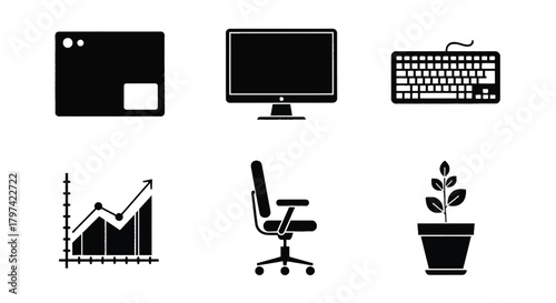 Business and Office Technology Icons Set Monitor Keyboard Graph Chair Plant