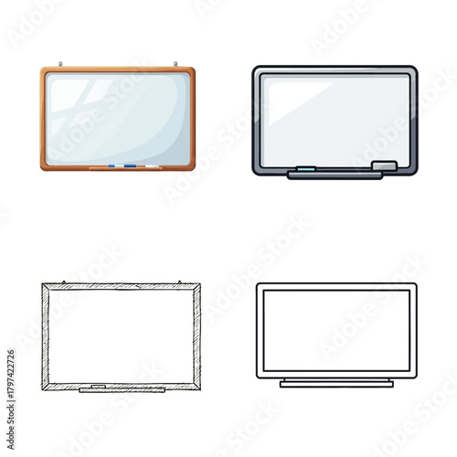 Diverse concept collection of modern and traditional whiteboards, including interactive smartboards and classic presentation boards, for educational, business, and collaborative environments