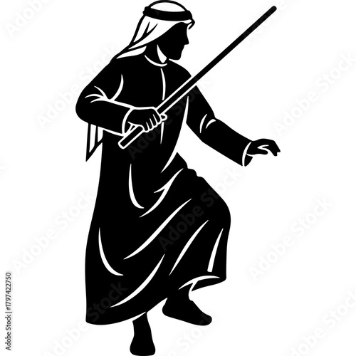 Woodcut Style Vector Illustration of Middle Eastern Man in Traditional Attire Holding Stick, Symbolizing Cultural Heritage and National Pride