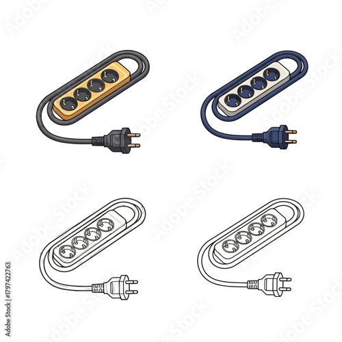 Graphic illustration of versatile electrical power strips with multiple outlets and an attached plug, essential for expanding connectivity and safely powering various electronic devices