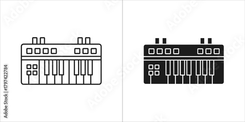 Two icons of a synthesizer keyboard, one in outline and one in solid black