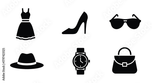Women Fashion Accessories Icon Set Dress High Heel Bag Watch Hat Sunglasses