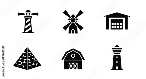 Landmark buildings windmill lighthouse pyramid barn garage solid glyph icons