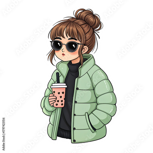 Cute anime girl wearing a puffer jacket and sunglasses holding a bubble tea isolated on transparent background