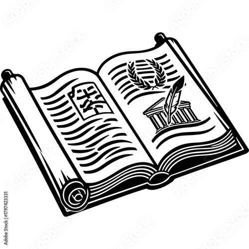 Woodcut Style Open Book Vector. Historic symbols, quill, ancient building for education, law, heritage, nation unification concepts.
