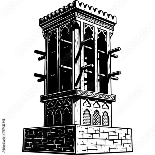 Woodcut Style Traditional Arabian Wind Tower (Barjeel) Vector Illustration, Middle Eastern Heritage Asset