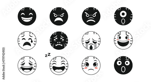 Black and White Intense Emotional Emoji Icon Set Stress Emoticon Collection