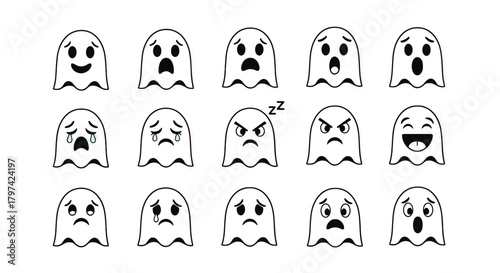 Cute ghost emoji set bundle cartoon spooky character expressions Halloween sticker pack