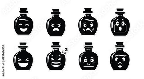 Emotional Potion Bottles Icon Set Magic Elixir Stickers Black Silhouettes