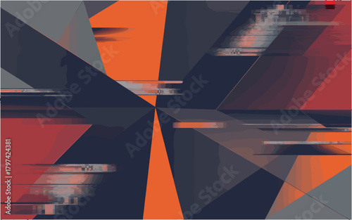Abstract glitch art pattern featuring distorted geometric shapes and vibrant colors including red, orange, and gray, creating a visually striking and fragmented composition