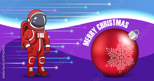 Vector toon banner, greeting card. Merry Christmas. Cartoon red astronaut, spaceman. Large toy ball with snowflake. Abstract bright glowing background. Meteors and comets