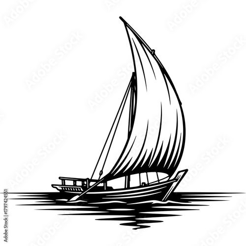 Traditional Arabian Dhow Sailing Boat Vector Illustration in Woodcut Style for National Day Celebration and Cultural Heritage