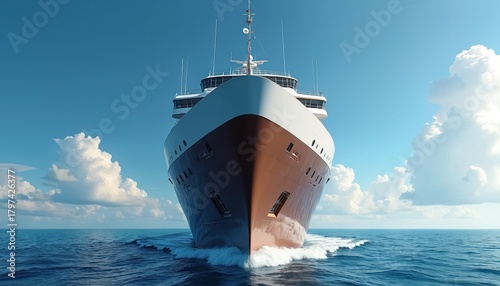 Large luxury cruise ship sails on calm blue ocean water under sunny sky with white clouds. Majestic vessel features white, brown hull creating white bow wave. Perfect for travel, vacation, holiday,