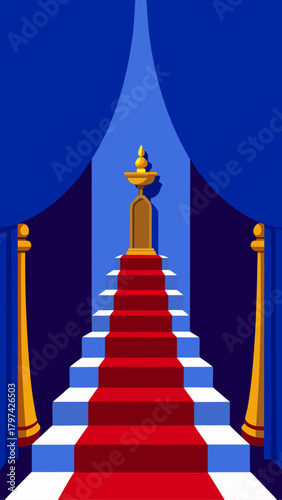 Illustration of a red carpet staircase with blue drapes