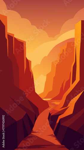 Illustration of a canyon with river and orange sky art