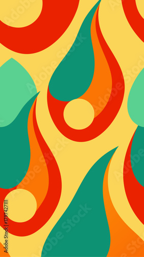 Abstract colorful teardrop shapes on a yellow background