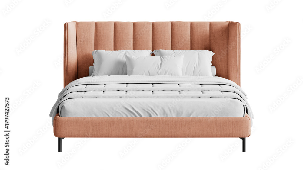 Obraz premium Modern double bed on an isolated background. Furniture for collages, graphics designs, and presentations.