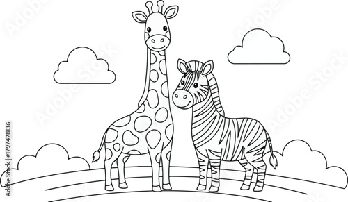 A friendly cartoon giraffe and zebra stand together on a cute coloring page with clouds and a rainbow outline, perfect for kids' creative activities and learning.