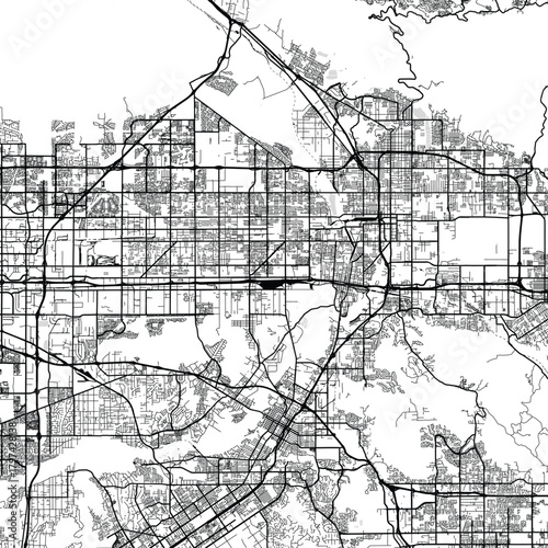 Riverside and San Bernardino Inland Empire City Map explore the structured urban grid through this minimalist white and black plan, emphasizing refined linework, with balanced composition.